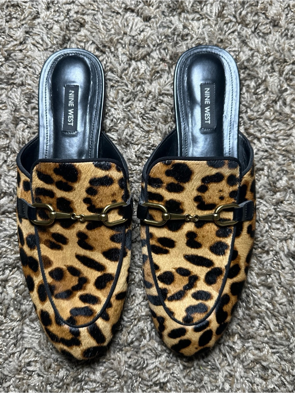 Nine West Leopard Calf Hair Horsebit Mule Loafers Women’s 8.5 Slip On Flats